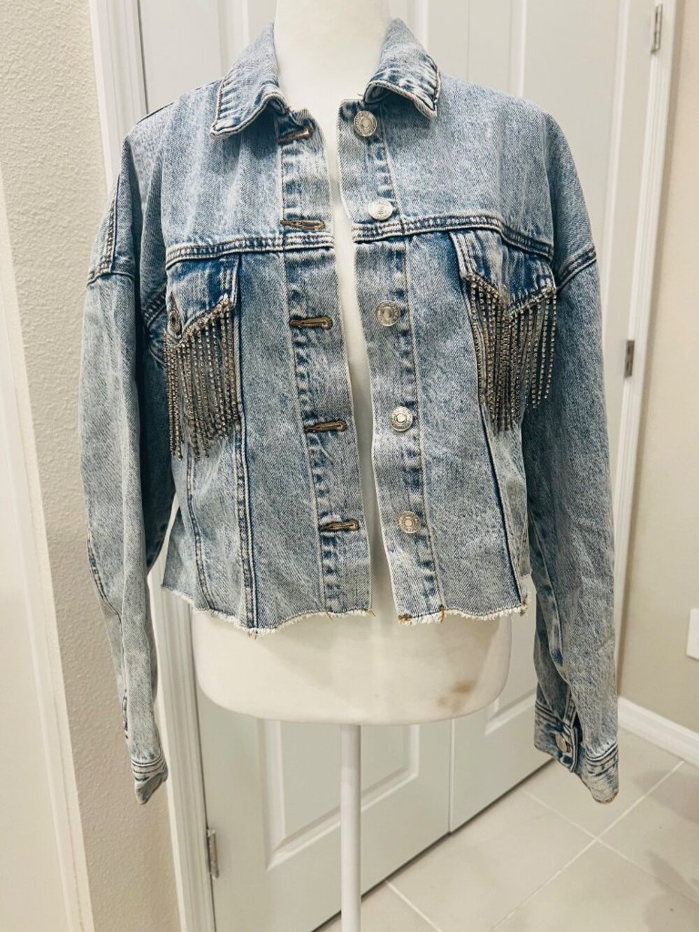 Womens Rhinestone Fringe Nashville Bling Rodeo Y2K Denim Jacket oversized small